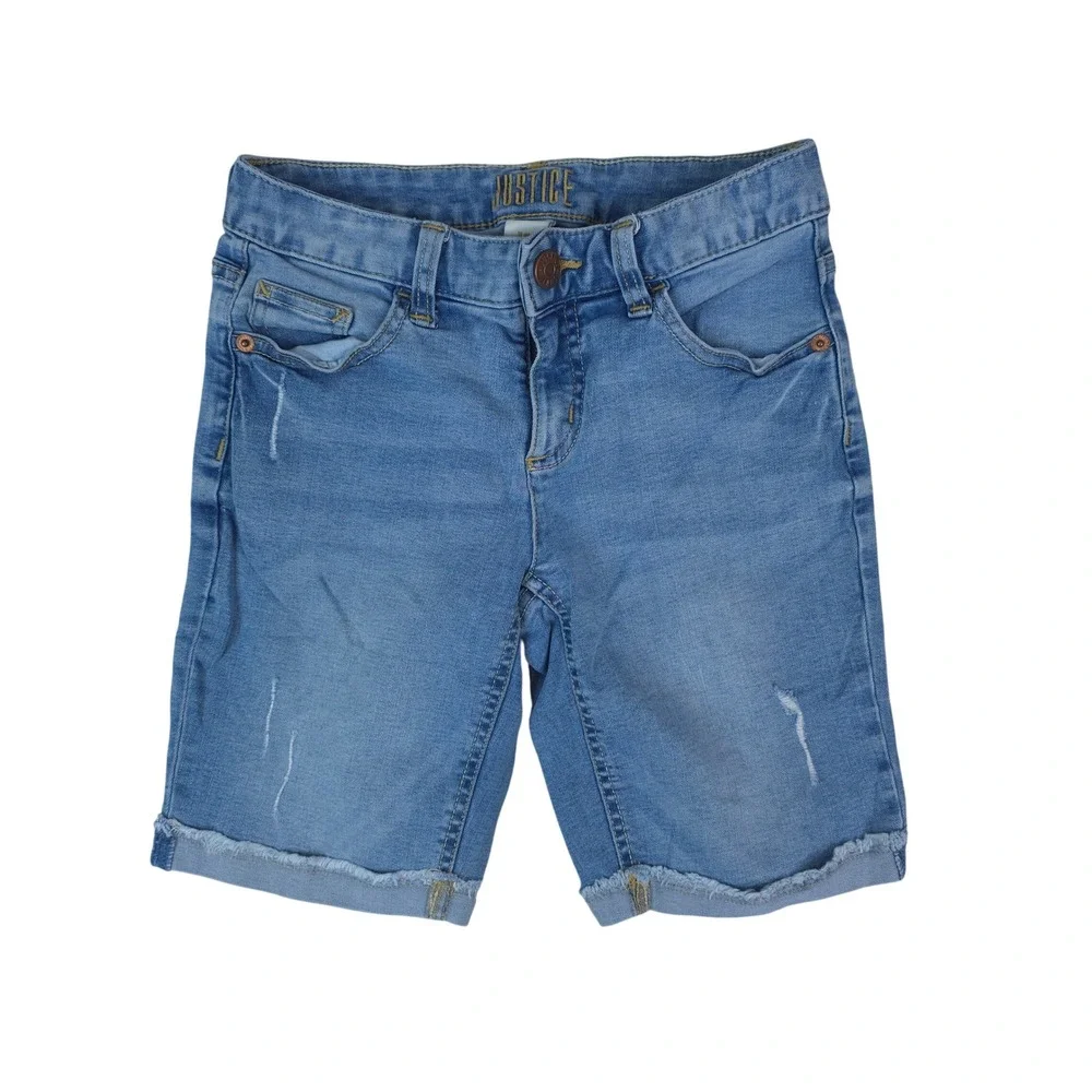 Justice Denim‎ Shorts Girls 12 Blue Distressed Frayed Hem Stretch Bermuda